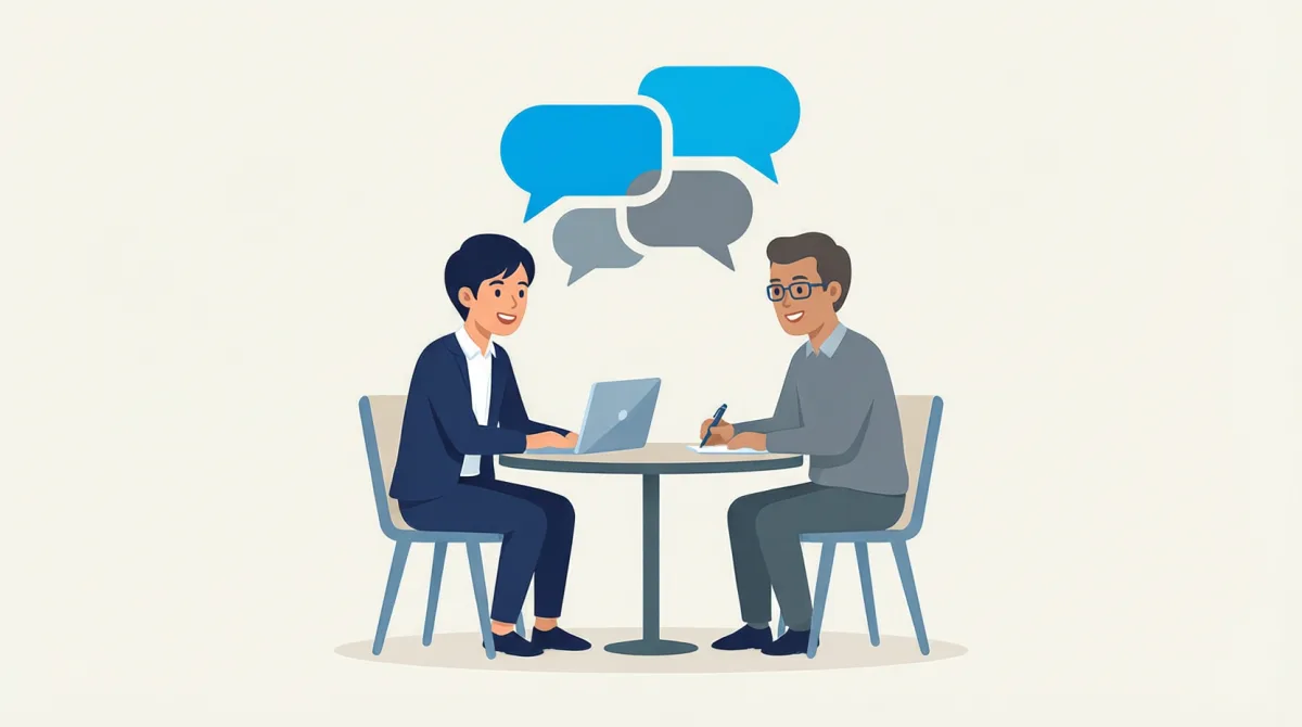 Candidate answering help desk interview questions across the table from an interviewer